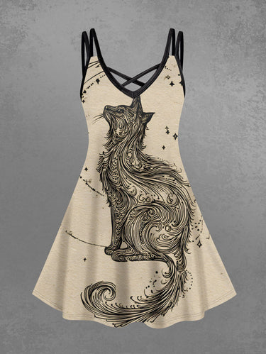 Gothic Plus Size Cat Star Print Crisscross Cami Dress