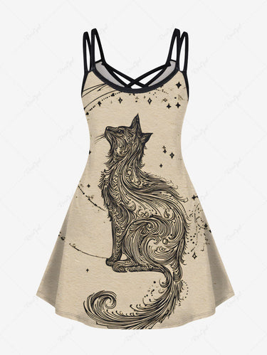 Gothic Plus Size Cat Star Print Crisscross Cami Dress