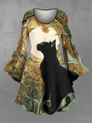 Gothic Plus Size Cat Moon Flowers Print Flare Sleeves Dress