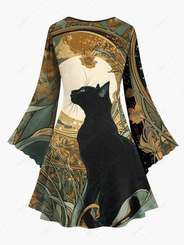 Gothic Plus Size Cat Moon Flowers Print Flare Sleeves Dress