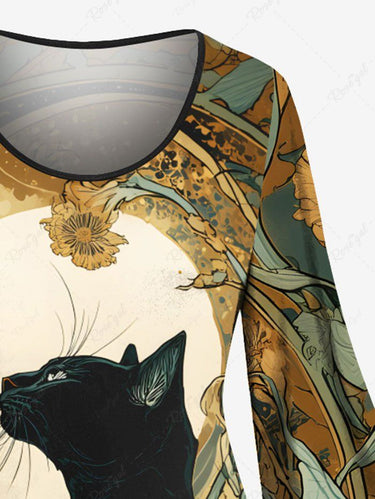 Gothic Plus Size Cat Moon Flowers Print Flare Sleeves Dress