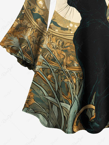 Gothic Plus Size Cat Moon Flowers Print Flare Sleeves Dress