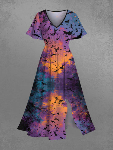 Gothic Plus Size Bat Moon Trees Ombre Print Split Midi Dress