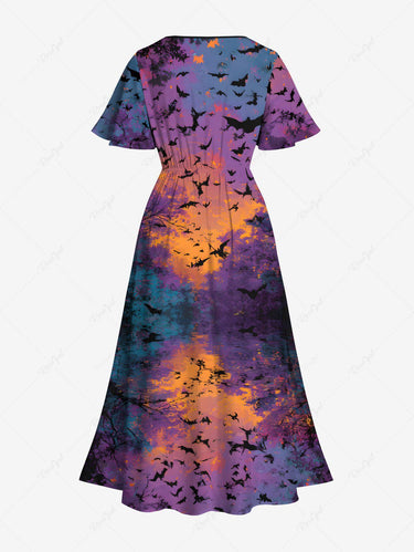 Gothic Plus Size Bat Moon Trees Ombre Print Split Midi Dress