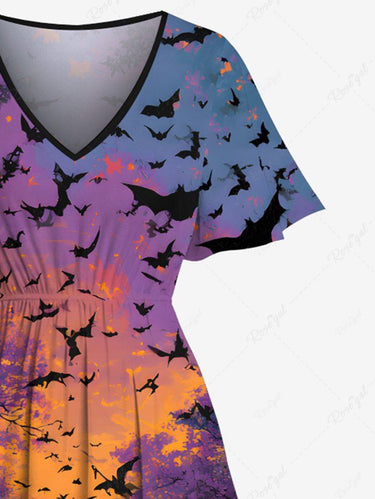 Gothic Plus Size Bat Moon Trees Ombre Print Split Midi Dress