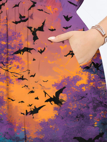 Gothic Plus Size Bat Moon Trees Ombre Print Split Midi Dress