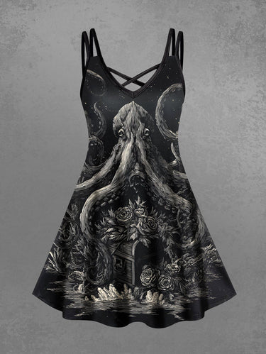 Gothic Plus Size Octopus Rose Flowers Print Crisscross Cami Dress