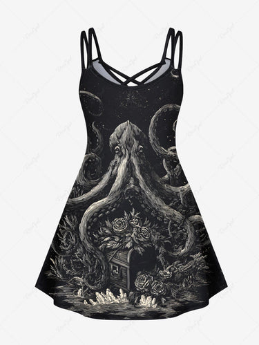 Gothic Plus Size Octopus Rose Flowers Print Crisscross Cami Dress