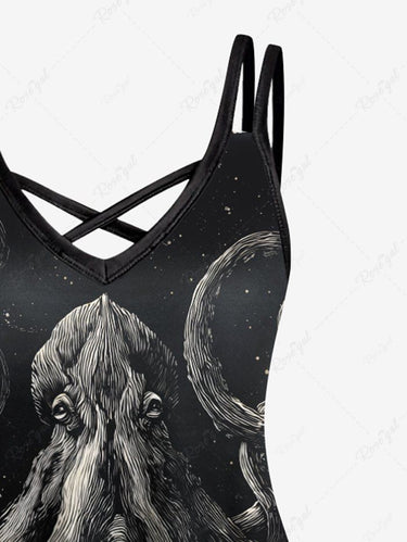 Gothic Plus Size Octopus Rose Flowers Print Crisscross Cami Dress
