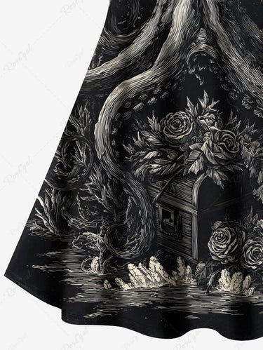 Gothic Plus Size Octopus Rose Flowers Print Crisscross Cami Dress