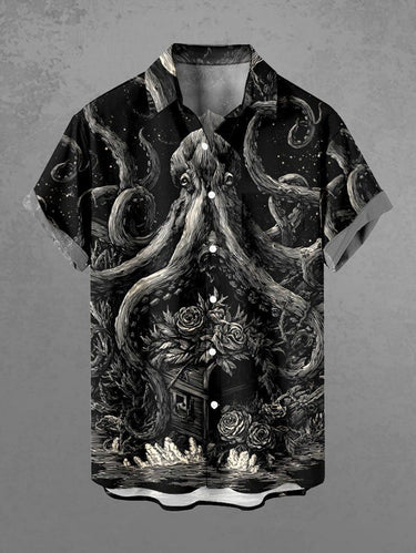 Gothic Plus Size Octopus Rose Flowers Print Buttons Pocket Shirt For Men