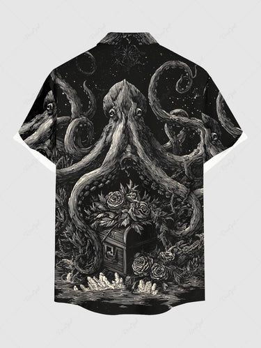 Gothic Plus Size Octopus Rose Flowers Print Buttons Pocket Shirt For Men