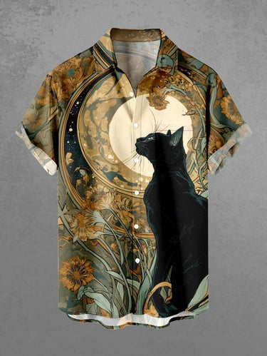 Gothic Plus Size Cat Flowers Moon Print Buttons Pocket Shirt For Men