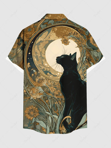 Gothic Plus Size Cat Flowers Moon Print Buttons Pocket Shirt For Men
