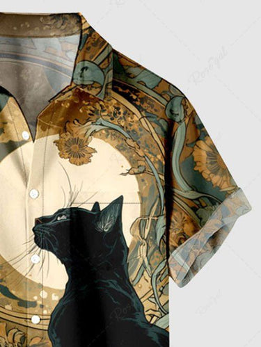 Gothic Plus Size Cat Flowers Moon Print Buttons Pocket Shirt For Men