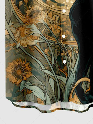 Gothic Plus Size Cat Flowers Moon Print Buttons Pocket Shirt For Men