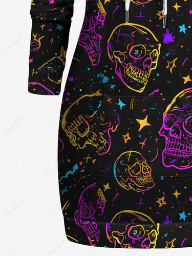 Gothic Plus Size Skulls Stars Print Drawstring Pockets Hoodie