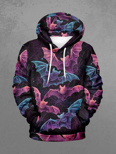 Gothic Plus Size Halloween Bat Spider Web Print Drawstring Pockets Hoodie For Men