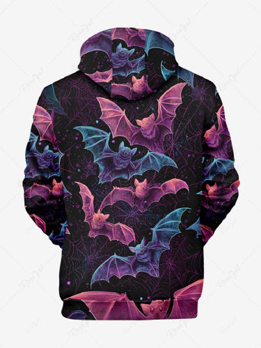 Gothic Plus Size Halloween Bat Spider Web Print Drawstring Pockets Hoodie For Men