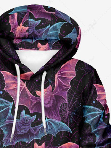 Gothic Plus Size Halloween Bat Spider Web Print Drawstring Pockets Hoodie For Men
