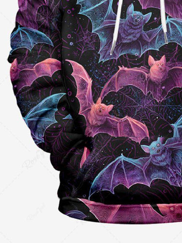 Gothic Plus Size Halloween Bat Spider Web Print Drawstring Pockets Hoodie For Men