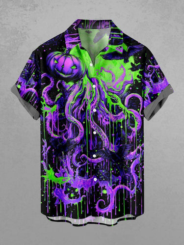 Gothic Plus Size Halloween Pumpkin Octopus Paint Splatter Print Buttons Pocket Shirt For Men
