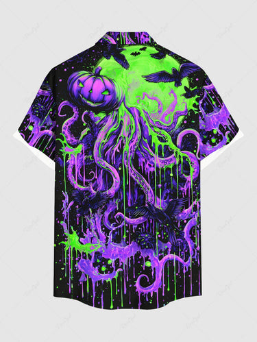 Gothic Plus Size Halloween Pumpkin Octopus Paint Splatter Print Buttons Pocket Shirt For Men