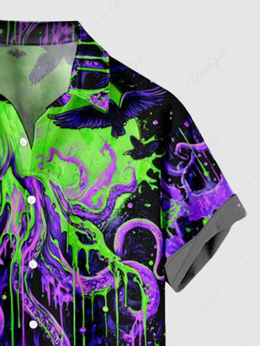 Gothic Plus Size Halloween Pumpkin Octopus Paint Splatter Print Buttons Pocket Shirt For Men
