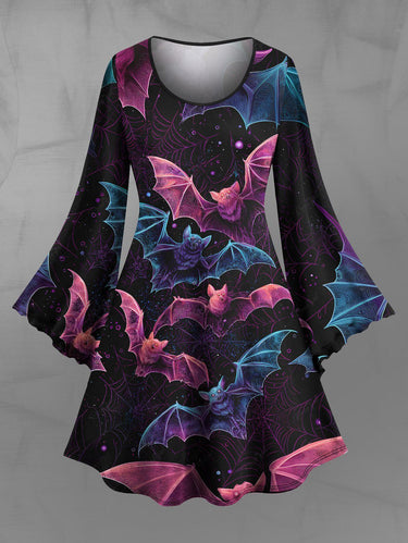 Gothic Plus Size Halloween Bat Spider Web Print Flare Sleeves Dress