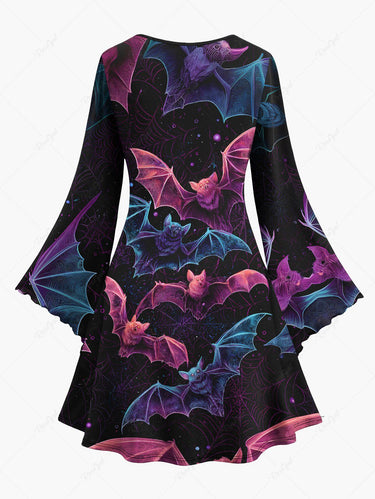 Gothic Plus Size Halloween Bat Spider Web Print Flare Sleeves Dress