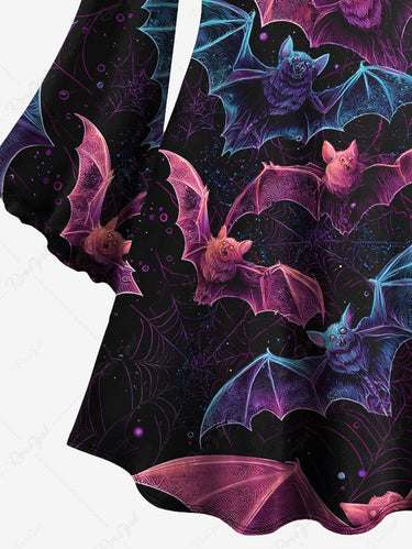 Gothic Plus Size Halloween Bat Spider Web Print Flare Sleeves Dress