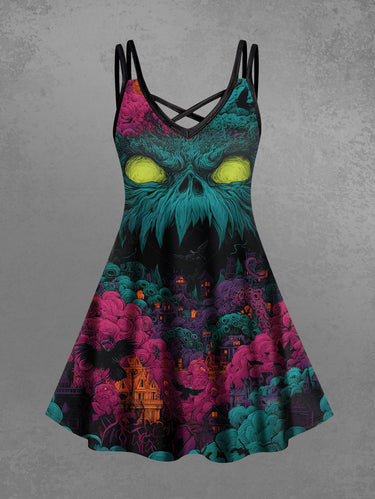 Gothic Plus Size Monster Octopus Print Crisscross Cami Dress