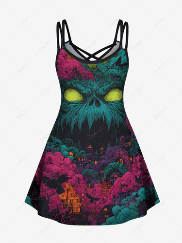 Gothic Plus Size Monster Octopus Print Crisscross Cami Dress