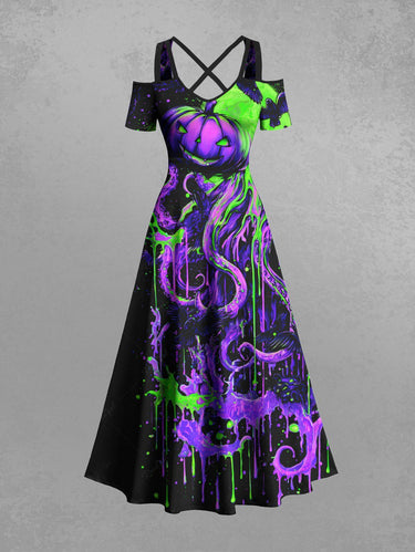 Gothic Plus Size Halloween Pumpkin Octopus Paint Splatter Print Cold Shoulder Crisscross Maxi Dress