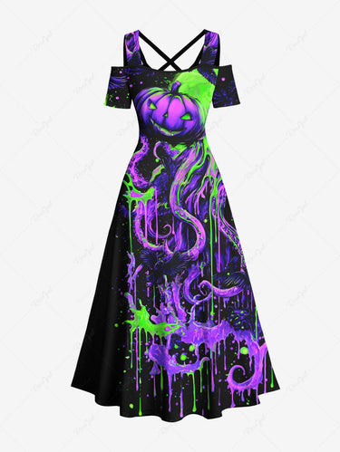 Gothic Plus Size Halloween Pumpkin Octopus Paint Splatter Print Cold Shoulder Crisscross Maxi Dress