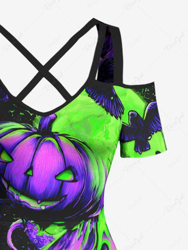 Gothic Plus Size Halloween Pumpkin Octopus Paint Splatter Print Cold Shoulder Crisscross Maxi Dress