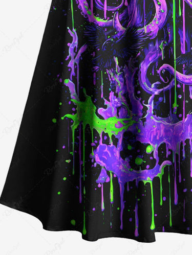 Gothic Plus Size Halloween Pumpkin Octopus Paint Splatter Print Cold Shoulder Crisscross Maxi Dress