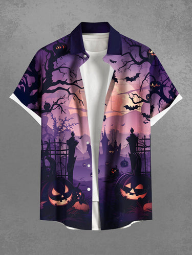 Gothic Plus Size Halloween Bat Pumpkin Tree Moon Print Buttons Pocket Shirt For Men