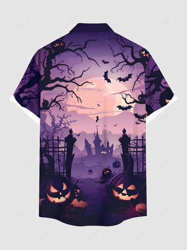 Gothic Plus Size Halloween Bat Pumpkin Tree Moon Print Buttons Pocket Shirt For Men