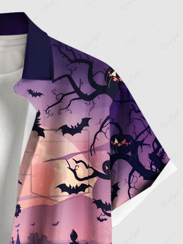 Gothic Plus Size Halloween Bat Pumpkin Tree Moon Print Buttons Pocket Shirt For Men