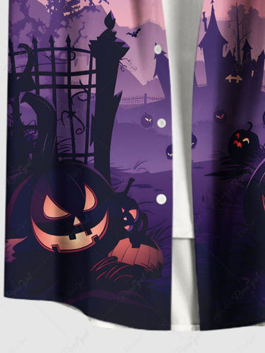 Gothic Plus Size Halloween Bat Pumpkin Tree Moon Print Buttons Pocket Shirt For Men