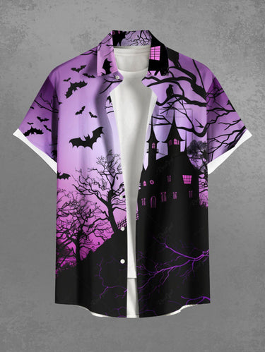 Gothic Plus Size Halloween Bat Tree Castle Print Buttons Pocket Shirt For Men