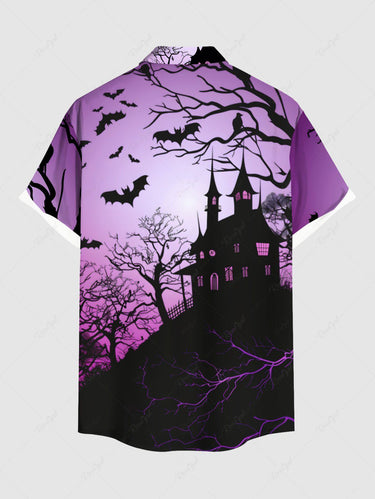 Gothic Plus Size Halloween Bat Tree Castle Print Buttons Pocket Shirt For Men