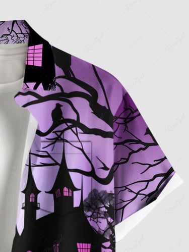 Gothic Plus Size Halloween Bat Tree Castle Print Buttons Pocket Shirt For Men