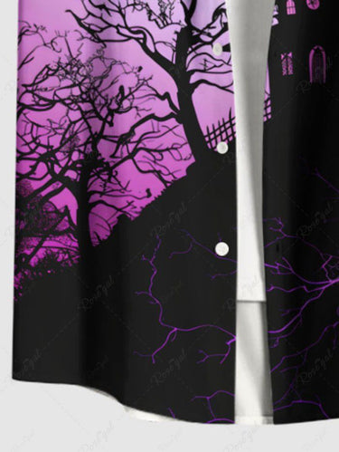 Gothic Plus Size Halloween Bat Tree Castle Print Buttons Pocket Shirt For Men