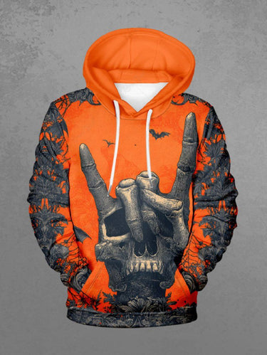 Gothic Plus Size Halloween Bat Gesture Skull Flowers Print Drawstring Pockets Hoodie For Men