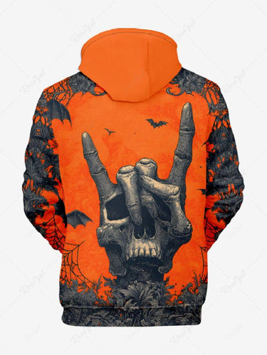 Gothic Plus Size Halloween Bat Gesture Skull Flowers Print Drawstring Pockets Hoodie For Men