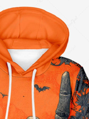 Gothic Plus Size Halloween Bat Gesture Skull Flowers Print Drawstring Pockets Hoodie For Men