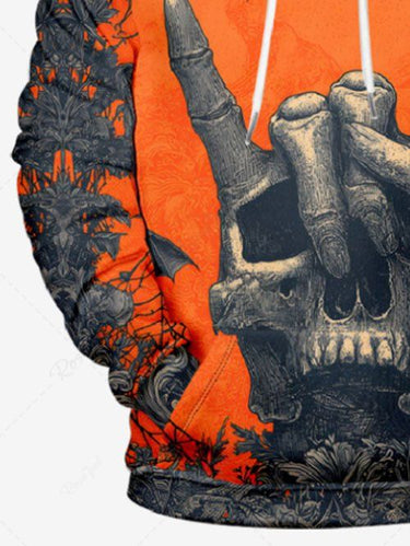 Gothic Plus Size Halloween Bat Gesture Skull Flowers Print Drawstring Pockets Hoodie For Men