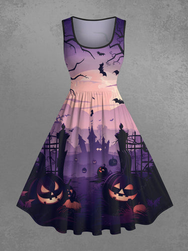 Gothic Plus Size Halloween Bat Pumpkin Tree Moon Print 1950s Vintage Dress